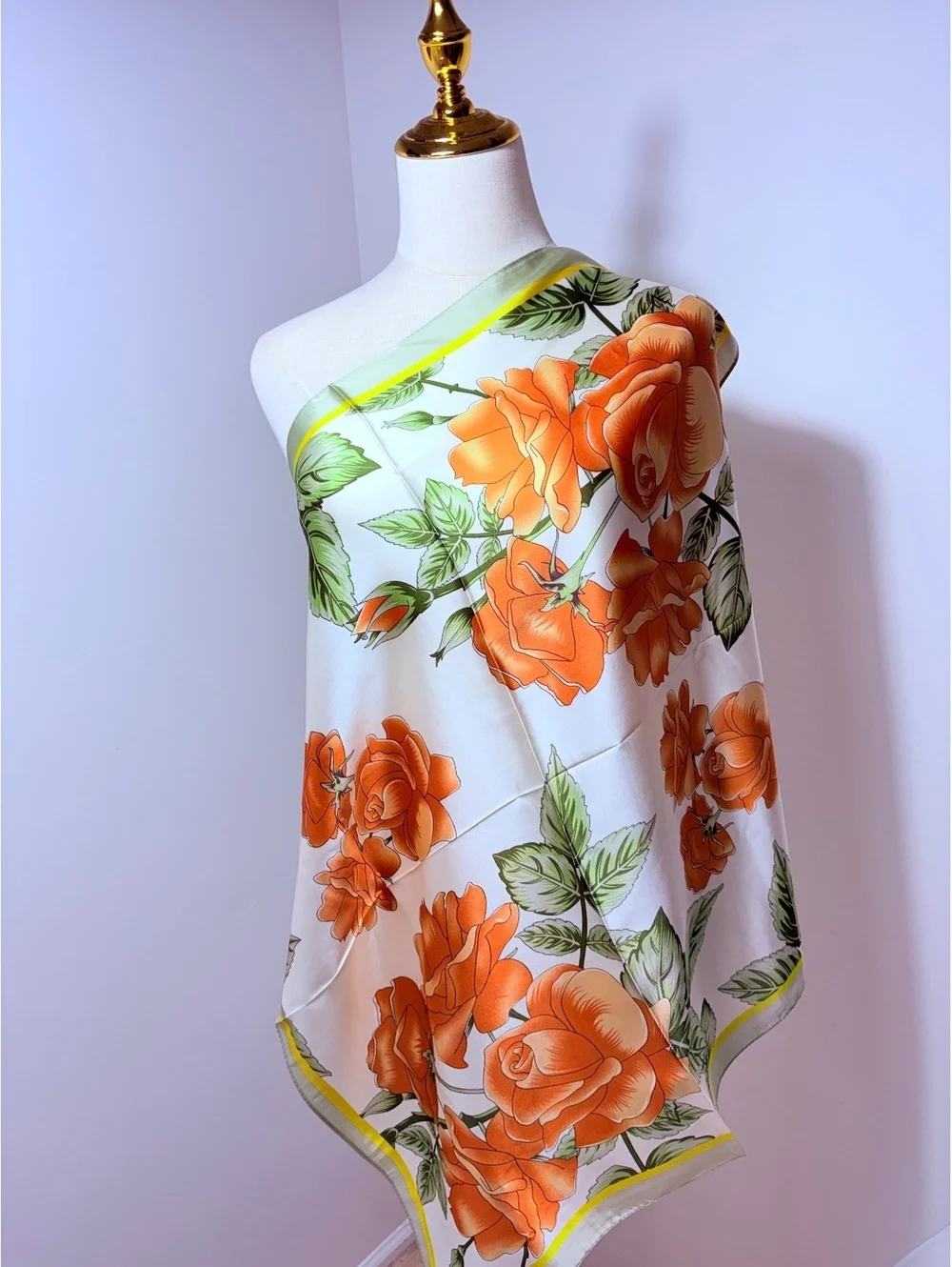 Elegant Floral Orange Rose Print Scarf with Green Leaves and Yellow Border
